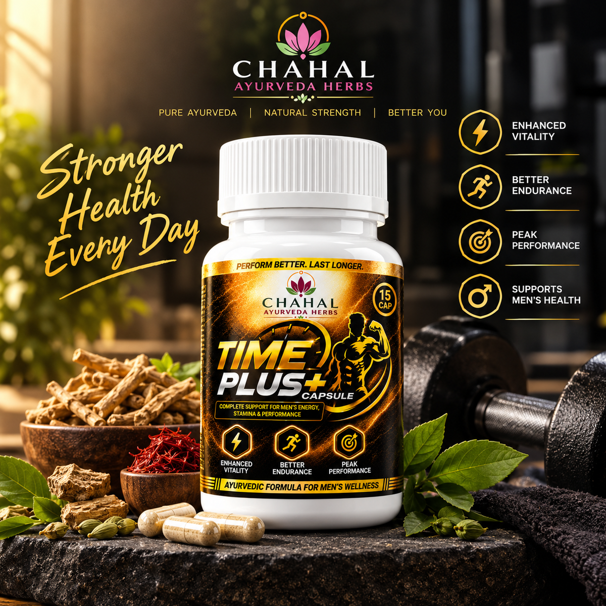 Chahal Ayurveda Herbs Time Plus+ Capsules – Men's Herbal Wellness Supplement (15 Capsules)